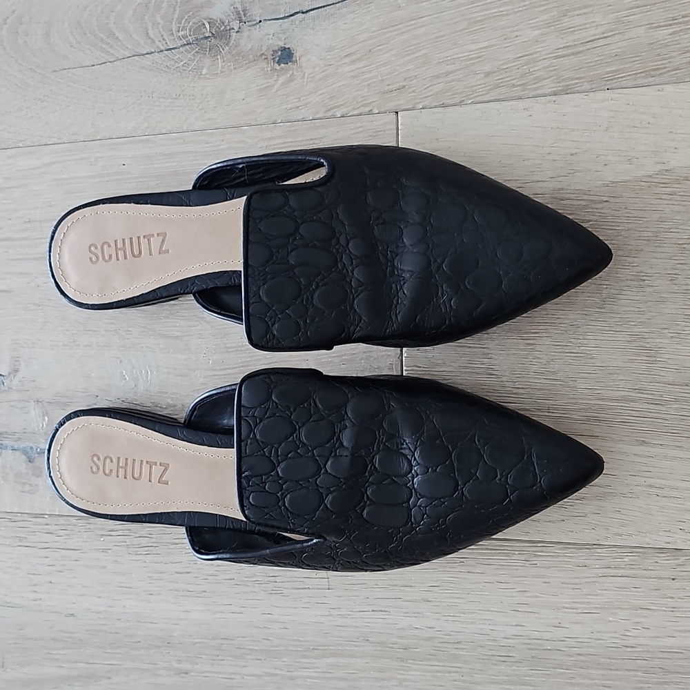 Schutz Tracy Crocodile Embossed Leather flat Mule